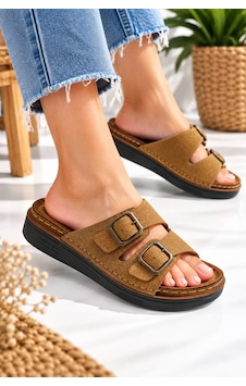 Modafocus Çift Tokalı Ortopedik Kadın Terlik - Camel - Camel Camel Modafocus Çift Tokalı Ortopedik Kadın Terlik - Camel - Camel Camel