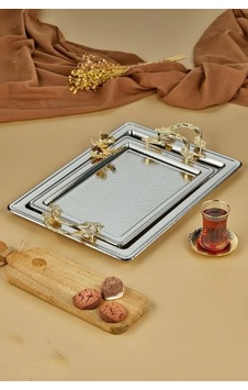Cooker Dikdörtgen Gold Kulplu Silver Metal Tepsi Seti 2'li Cooker Dikdörtgen Gold Kulplu Silver Metal Tepsi Seti 2'li