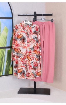 Polologin Butik Yaprak Desenli Çok Renkli Yazlık Viskon Tunik Pembe Polologin Butik Yaprak Desenli Çok Renkli Yazlık Viskon Tunik Pembe