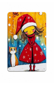 Upeka Kedi Ve Kız Noel Temalı Şık Modern Tasarım Dekorasyon Metal Duvar Tablo 30cmx20cm