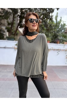İtalyan Leopar Detaylı Şal Triko Bluz Takım Haki İtalyan Leopar Detaylı Şal Triko Bluz Takım Haki