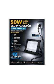 Noas Yl70-1050 50w Ultra Slim Led Projektör 6500k Beyaz Işık Ip66 5 Metre Kablolu Fişli Tak Çalıştır Dış Mekan Aydınlatma Siyah - 920696601 Siyah