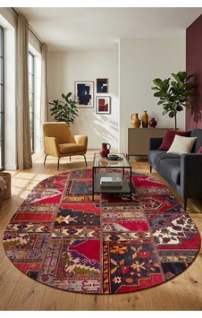 Patchwork Desenli Yıkanabilir Pamuk Taban Dijital Baskılı Oval Halı Kırmızı Patchwork Desenli Yıkanabilir Pamuk Taban Dijital Baskılı Oval Halı Kırmızı