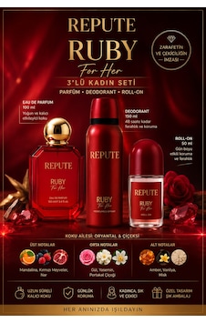 Repute Ruby For Her 3'lü Kadın Parfüm Seti Eau De Parfum 100 Ml + Deodorant 150 Ml + Roll-on 50 Ml Çiçeksi - Turunçgil Repute Ruby For Her 3'lü Kadın Parfüm Seti Eau De Parfum 100 Ml + Deodorant 150 Ml + Roll-on 50 Ml Çiçeksi - Turunçgil