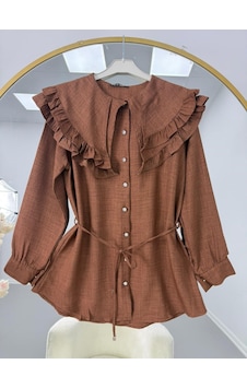 Lovie Moda Fırfır Yaka Bağcıklı Tunik Kahverengi