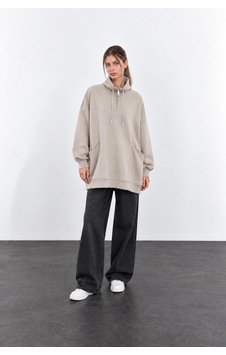 Mitodo Oversize Dik Yaka Fermuarlı Cepli Premium Modal Düşük Kol Kadın Sweatshirt Tunik Bej