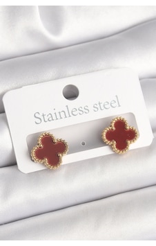Pirinç Gold Renk Bordo Yonca Model Kadın Küpe Altın Pirinç Gold Renk Bordo Yonca Model Kadın Küpe Altın
