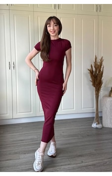 De'charme Kadın Düşük Omuz Bağcık Detaylı Midi Boy Elbise Kırmızı