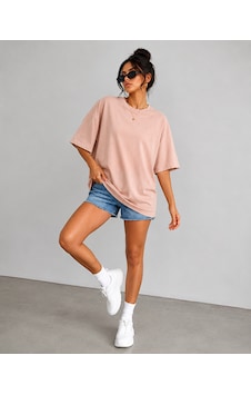 Polymood Kadın Oversize %100 Organik Pamuk Yakası Ribanalı T-shirt Pudra Polymood Kadın Oversize %100 Organik Pamuk Yakası Ribanalı T-shirt Pudra