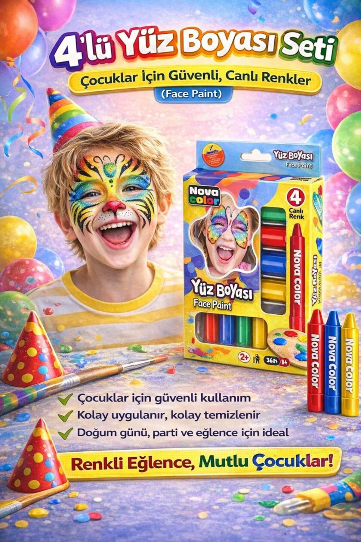 Yüz Boyası Seti 4 Renk Çocuklar İçin Güvenli Ve Kolay Temizlenen Çok Renkli Yüz Boyası Seti 4 Renk Çocuklar İçin Güvenli Ve Kolay Temizlenen Çok Renkli