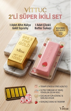 Sıkılabilir Stres Oyuncak Seti - Altın Külçesi Squishy Ve Çilekli Butter Sukuşi Paket 2 Adet Sıkılabilir Stres Oyuncak Seti - Altın Külçesi Squishy Ve Çilekli Butter Sukuşi Paket 2 Adet