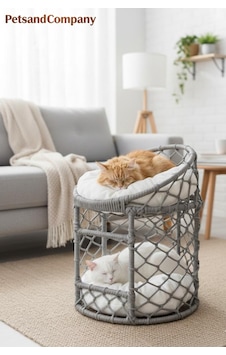 Lüks İki Katlı Kedi Evi, El Yapımı Özel Tasarım Örgü Kedi Yatağı, Modern Kedi Kulübesi Gri