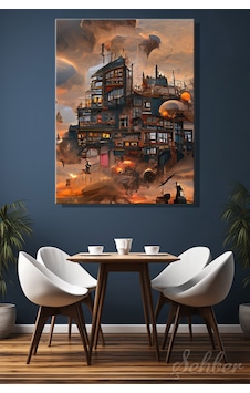 Dikey Kanvas Tablo Tekli Ev Kafe Ofis Steampunk Veya Post-apokaliptik Şehir Konsepti 2725
