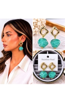 Premium Parlak Ve Şık Gold Renk Turkuaz Taşlı Sallantılı Kadın Çelik Küpe Altın Premium Parlak Ve Şık Gold Renk Turkuaz Taşlı Sallantılı Kadın Çelik Küpe Altın