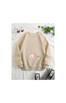 Caxis Kadın Fermuar Bebek Baskılı Hamile Oversize Bisiklet Yaka Sweatshirt Bej Caxis Kadın Fermuar Bebek Baskılı Hamile Oversize Bisiklet Yaka Sweatshirt Bej