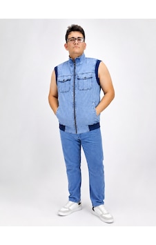 Büyük Beden Denim Dik Yaka Fermuarlı Cepli Bomber Erkek Yelek Mavi Büyük Beden Denim Dik Yaka Fermuarlı Cepli Bomber Erkek Yelek Mavi