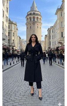 Lovie Moda Kadın Şal Yaka Trençkot Siyah