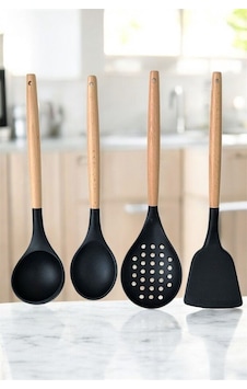 Silikon Bambu Saplı 4 Parça Mutfak Servis Seti Siyahrengi Kepçe-kaşık-kevgir-spatula