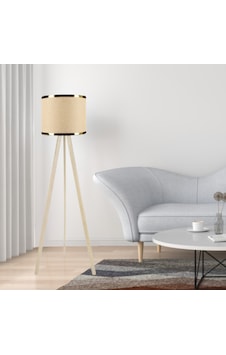 Krem Ahşap Üç Ayaklı Tripod Lambader Bej Kumaş Hazır Başlık Gold Şeritli Köşe Lambası Bej