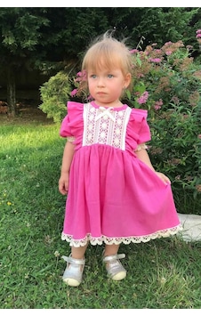 Dantel Detaylı Şile Bezi Kız Çocuk Bebek Pembe Elbise 001