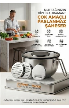 Çok Amaçlı Rendeli Paslanmaz Çelik Karıştırma Kabı - Sıçratmaz Mikser Kapağı Ve Saklama Kasesi 4.5l 723130 Açık