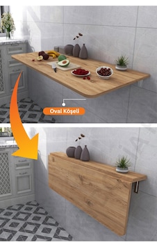 60x90 Cm Duvara Monte Sabit Raflı Kırma Katlanr Masa Çam Renk