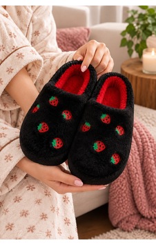 Modafocus Siyah Kadın Çilek Desenli Peluş Ev Terliği Sessiz Taban Kışlık Panduf Siyah Siyah Modafocus Siyah Kadın Çilek Desenli Peluş Ev Terliği Sessiz Taban Kışlık Panduf Siyah Siyah