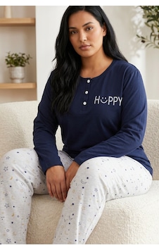 Siyah İnci Düğmeli Pamuklu Likralı Büyük Beden Battal Boy Örme Pijama Takım26240942 Lacivert