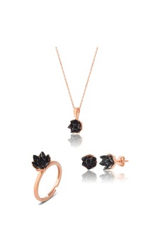 Zanaatsilver 925 Ayar Gümüş Siyah Taşlı Rose Kaplama Lotus Çiçeği Takım & Seti
