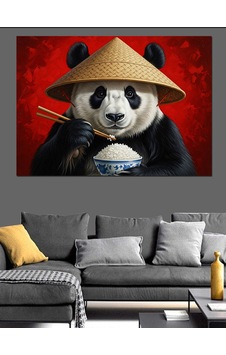 Pilav Yiyen Şapkalı Panda Portresi Dekoratif Kanvas - Mdf Ahşap Tablo