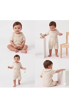 Pekminibebe 3/12 Ay Yakalı Fiyonklu Jakar Kumaş Bebek Tulumu Krem