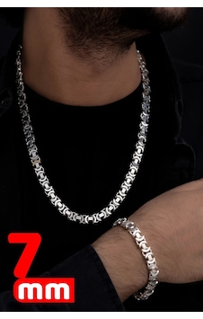 Erkek Gümüş Kolye Bileklik Set - 7mm Parlak Euro Kral Zincir Erkek Gümüş Kolye Bileklik Set - 7mm Parlak Euro Kral Zincir