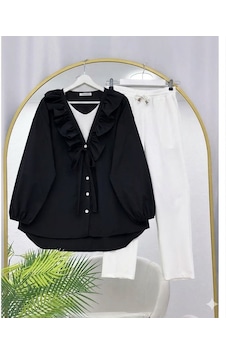 Lovie Moda Yakası Fırfır Detaylı Düğmeli Pantolonlu Takım Siyah Lovie Moda Yakası Fırfır Detaylı Düğmeli Pantolonlu Takım Siyah