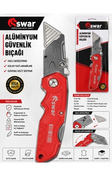 Swar Alüminyum Güvenlik Bıçağı Halıcı Tip Katlanır Hızlı Bıçak Değişimi Yerli Üretim