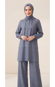 Stormwear Bürümcük Tesettür Tunik Pantolon İkili Takım Salaş Rahat Kesim Yazlık Indigo