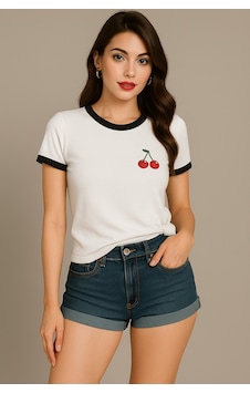 Kiraz Baskılı T-shirt - Beyaz Gövde Siyah Biyeli Oversize Bisiklet Yaka Kısa Kol Tişört Beyaz Kiraz Baskılı T-shirt - Beyaz Gövde Siyah Biyeli Oversize Bisiklet Yaka Kısa Kol Tişört Beyaz