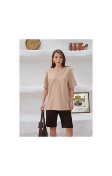 Paw Garage Kadın Mia İnterlok Kumaş Bisiklet Yaka Oversize T-shirt Bej