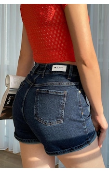 HLT Jeans Kadın Koyu Mavi Yıkamalı Mom Fit Yüksek Bel Likralı Jean Kot Şort Lily-kymavi