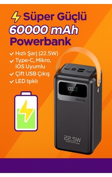 60000 Mah Ultra Kapasiteli Powerbank Hızlı Şarj, Type-c & İos Giriş, 2 Çıkışlı, Led Işıklı Siyah - 744530293 Siyah