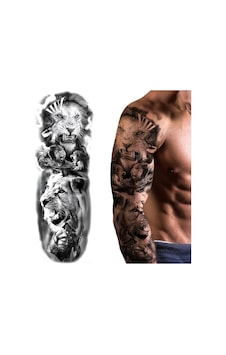 Aslan Kral Ve Gladyatör Temalı Tam Kol Geçici Dövme - Büyük Boy Tattoo Siyah Aslan Kral Ve Gladyatör Temalı Tam Kol Geçici Dövme - Büyük Boy Tattoo Siyah