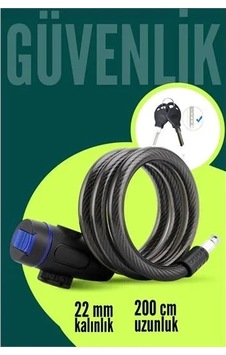 22mm Çelik Halatlı Bisiklet Kilidi - 200cm Anahtarlı Scoooter Motosiklet Kilidi 722487