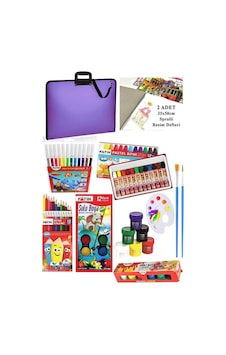 Öğrenci Boyama Seti 11 Parça 1 Paket 35x50 Resim Çantası Resim Defter Fatih Sulu Boya Kuru Boya Pastel Boya Keçeli Kalem Lila