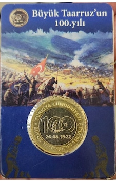 Türkiye Cumhuriyeti Büyük Taarruz'un 100. Yılı Hatıra 1 Lira 2022 Tanıtım Kartında Çil Kondisyon. Türkiye Cumhuriyeti Büyük Taarruz'un 100. Yılı Hatıra 1 Lira 2022 Tanıtım Kartında Çil Kondisyon.