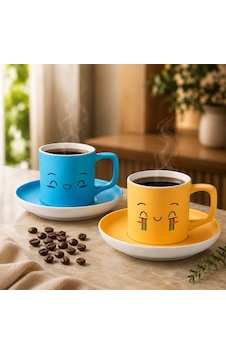 Bk Gift 2'li Turkuaz Ve Sarı Renkli Emoji Yüz Tasarımlı Seramik Türk Kahvesi Fincanı Takımı-9 Çok Renkli Bk Gift 2'li Turkuaz Ve Sarı Renkli Emoji Yüz Tasarımlı Seramik Türk Kahvesi Fincanı Takımı-9 Çok Renkli