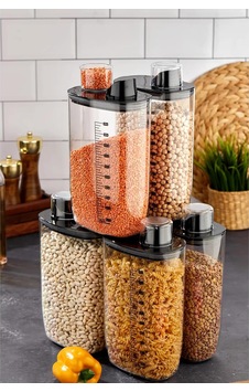 6'lı Vakumlu Hava Geçirmez Ölçekli Siyah Saklama Kabı Seti - 2000 Ml Ölçü Kapaklı Bakliyat Kabı Seti