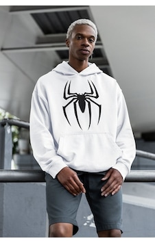 Sevbano Örümcek Adam Logo Baskılı Unisex Oversize Spider Man Hoodie Beyaz