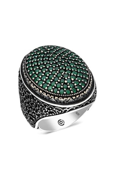 Premium 925 Ayar Gümüş Yeşil Zirkon Taşlı Oval Erkek Yüzük - 22 Ölçü Premium 925 Ayar Gümüş Yeşil Zirkon Taşlı Oval Erkek Yüzük - 22 Ölçü