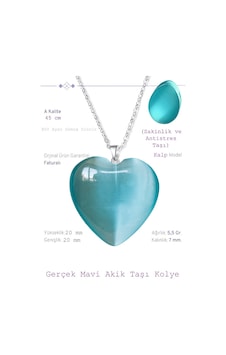 Sertifikalı Kalp Model Açık Mavi Akik Taşı Kolye Gümüş Aparatlı Çok Renkli Sertifikalı Kalp Model Açık Mavi Akik Taşı Kolye Gümüş Aparatlı Çok Renkli