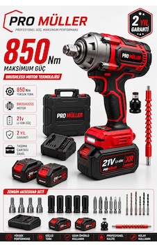 Pro Müller Profesyonel 21v Çift Akülü 850nm Tork Bl Motor Şarjlı Darbeli Somun Sıkma Sökme Makinesi Setli Pro Müller Profesyonel 21v Çift Akülü 850nm Tork Bl Motor Şarjlı Darbeli Somun Sıkma Sökme Makinesi Setli