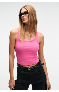 Ethıquet Lıllesol Kadın Fitilli Görünümlü Slim Fit Vücuda Oturan Havuz Yakalı Pamuklu Basic Fuşya At